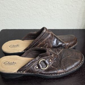 Clarks Dark Brown Leather Mules with Buckle Size 9